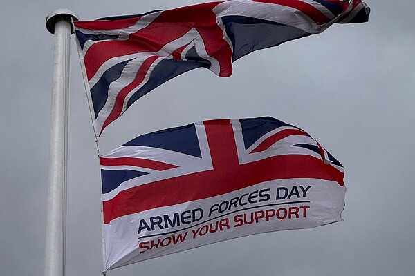 Flagpole at Civic Centre flying with two flags, Union flag and Armed Forces Day flag