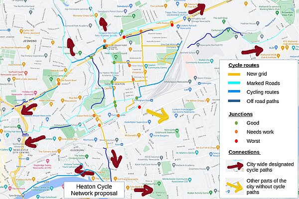 Map of Heaton with marked cycle routes