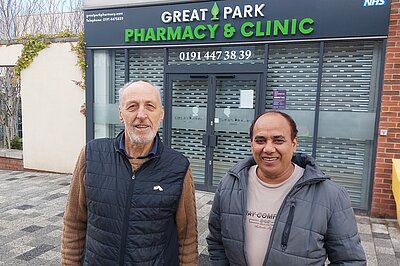David & Ddhanjay outside Great Park Pharmacy