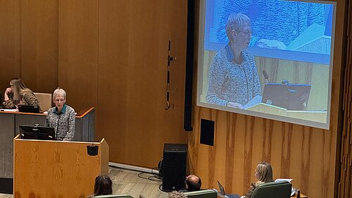 Barbara Down at the lectern in the council chamber