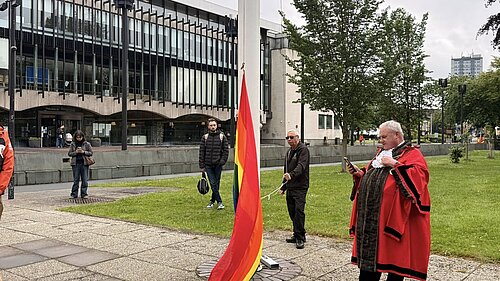 Lord Mayor Henry Gallagher raises Pride flag at Civic Centre