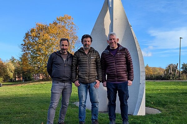 Councillors Mike Cookson and Gareth Kane and Focus Editor Matt Osbourn stood in the City Stadium park