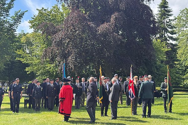 Lord Mayor Henry Gallagher with current and past members of the armed forces at the Civic Centre on Armed Forces Day 2026
