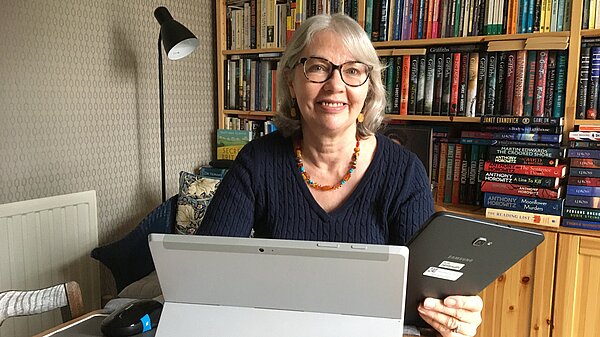 Pauline at computer